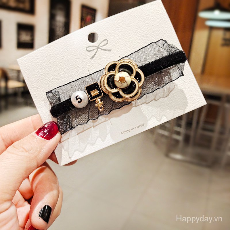 Kẹp tóc mái hoa trà pha ren Dongdaemun khí chất Hàn Quốc