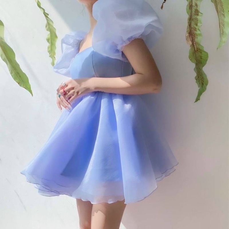 Đầm Cúp Ngực Xòe Babydoll Tay Phồng Voan Kính