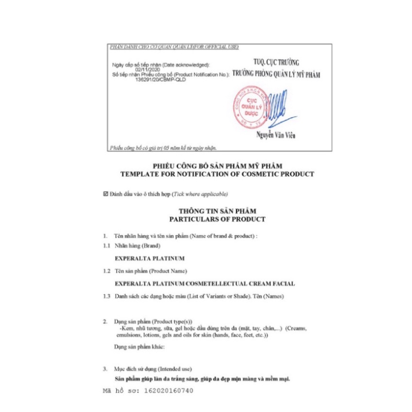 [ 413494 ] Kem dưỡng da Experalta Platinum Cosmetellectual Cream Facial - 50 ml/hộp