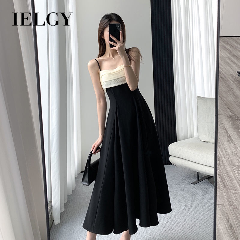 Đầm hai dây IELGY màu đen phong cách mùa hè thời trang thanh lịch cho nữ