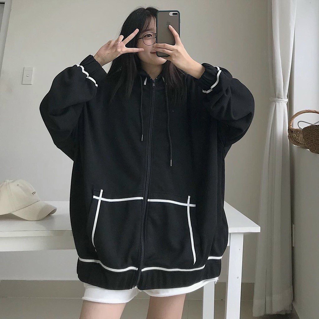 Áo khoác nỉ viền tay bồng dáng thụng , áo khoác hoodie zipper kẻ viền