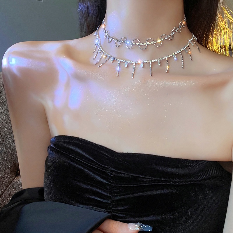 Vòng Cổ Dây Xích Tua Rua Gợn Sóng Đính Kim Cương Lấp Lánh Thời Trang Cao Cấp Mới