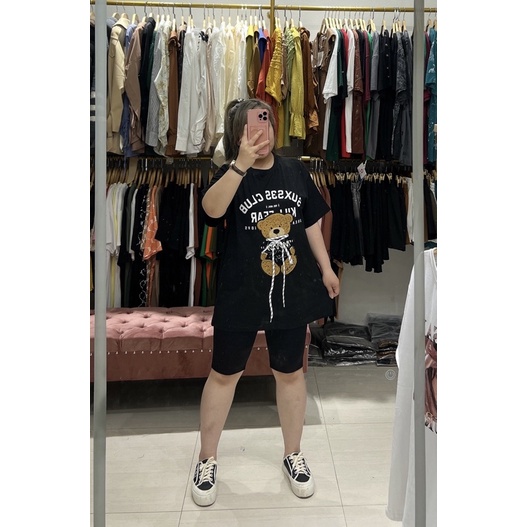 Áo Phông bigsize hình gấu thêu buộc nơ