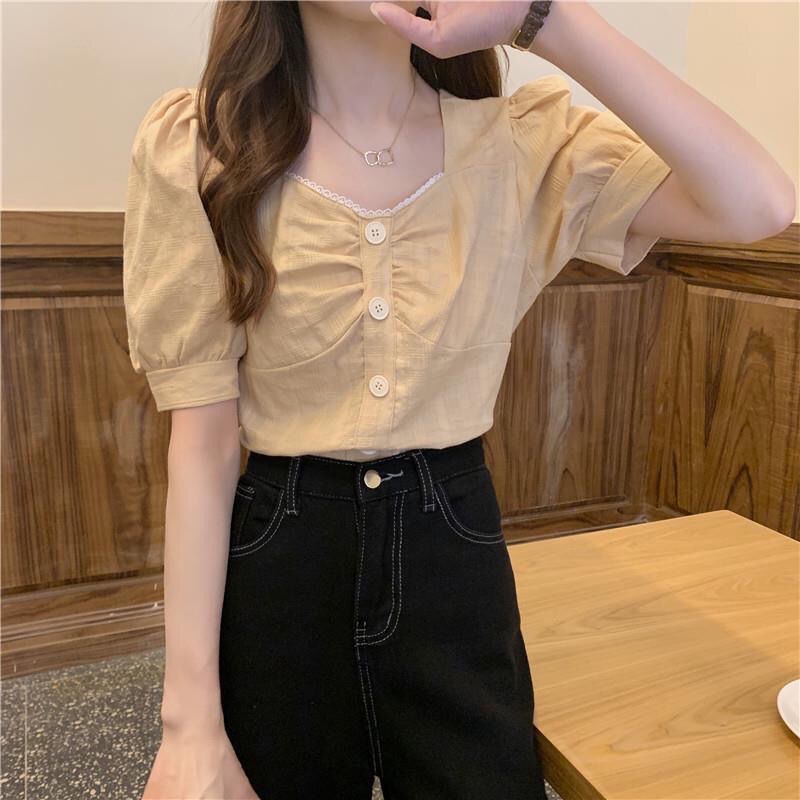 Áo Sơ Mi Cổ Vuông Tay Phồng Phong Cách Pháp Ngọt Ngào Cho Nữ
