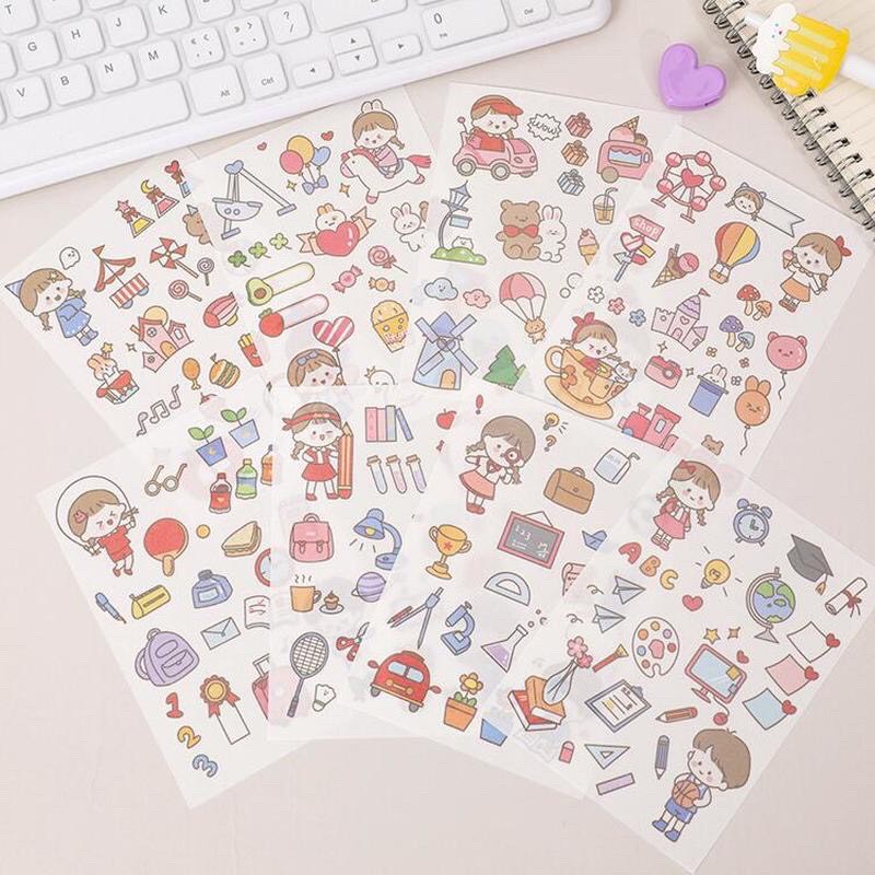 Bộ 4 tấm sticker trang trí cô gái,gấu, thỏ, mèo mẫu chữ nhật