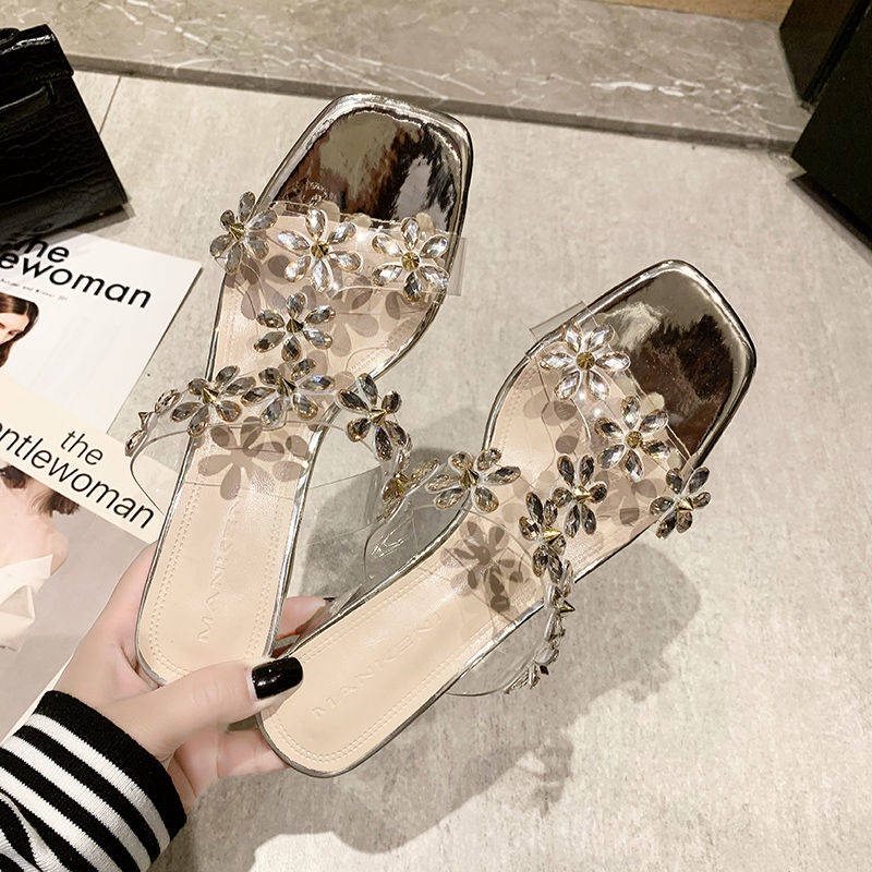 Dép Sandal Đế Dày Quai Trong Suốt Đính Đá Và Ngọc Trai Thời Trang Mùa Hè
