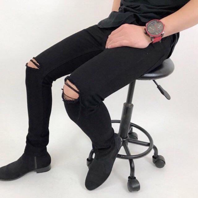 Quần jean nam đen trơn &amp; rách vải jeans bò cotton duck cao cấp mềm mịn, co dãn - form slim fit