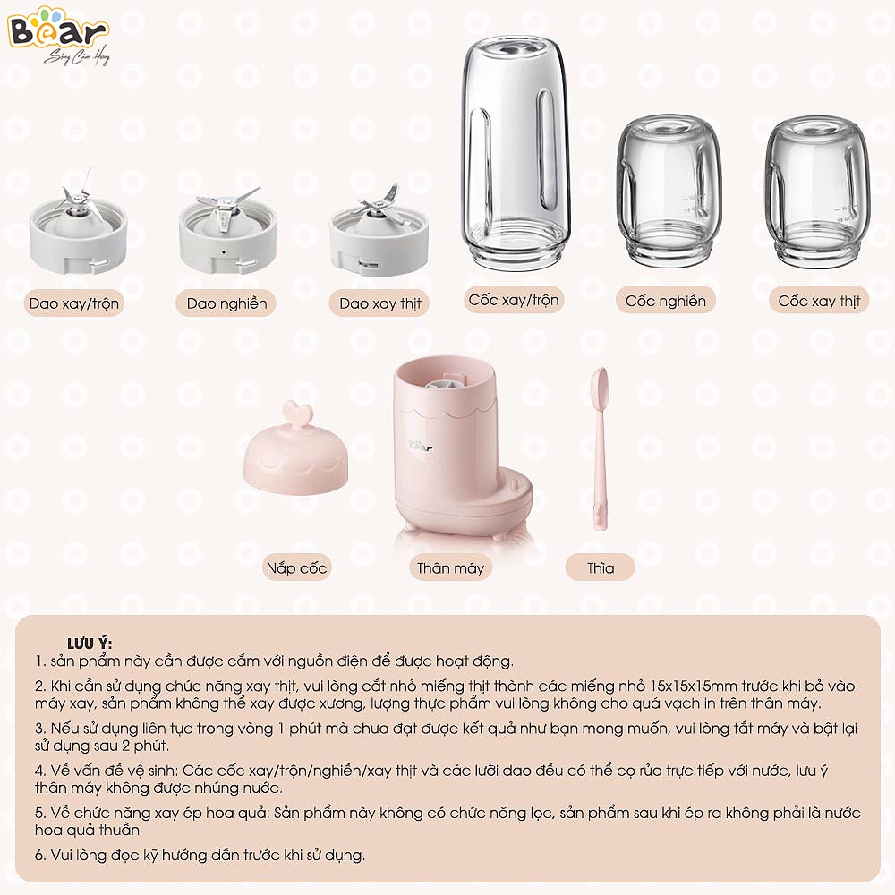 [Bear Chính Hãng]Máy xay ăn dặm 3 cối Bear GR-B03V1 hồng nhạt, công suất 200W, dung tích 300ml, 1600 vòng/phút tiện lợi.