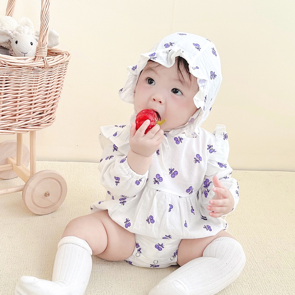 Bộ Áo Liền Quần Tay Dài In Hình Quả Cherry + 2 Mũ Thời Trang Mùa Thu Cho Bé Gái Sơ Sinh