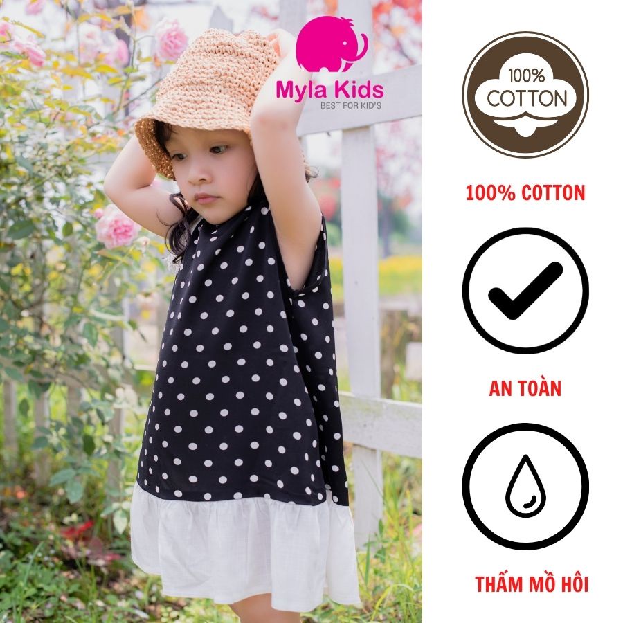 Đầm bé gái họa tiết chấm bi đen trắng không tay chất liệu thô lụa mềm dành cho bé 1-2-3-4-5-6-7-8-9-10 Myla Kids