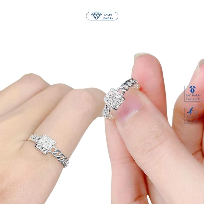 Nhẫn nữ mặt vuông thân xích đính đa, chuẩn bạc ta, Anchi jewelry