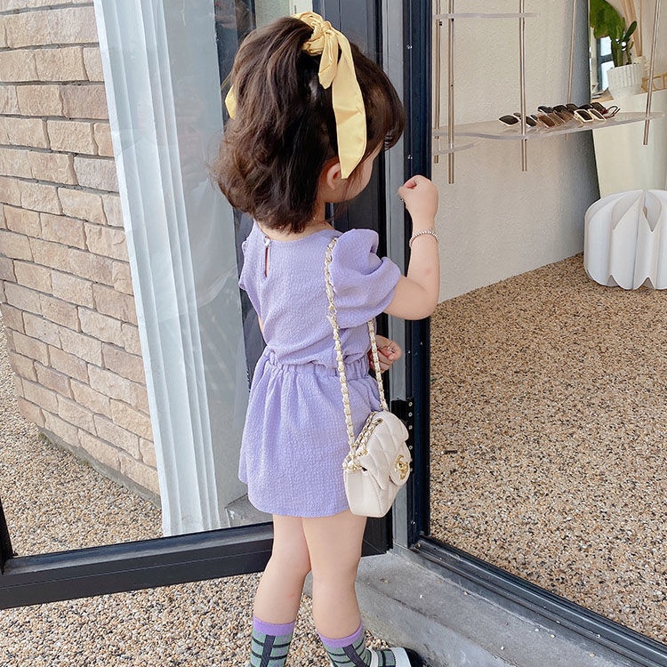 Bộ Áo Thun Tay Ngắn Phồng Đính Nơ + Quần Short Thời Trang Mùa Hè Hàn Quốc 2023 Mới Dành Cho Bé Gái