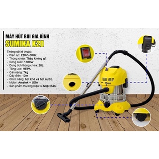 Máy hút bụi gia đình sumika k20a, k20 20 lít 1500w -1600w, 100% lõi đồng – tầng lọc hepa - thùng chứa thép không gỉ