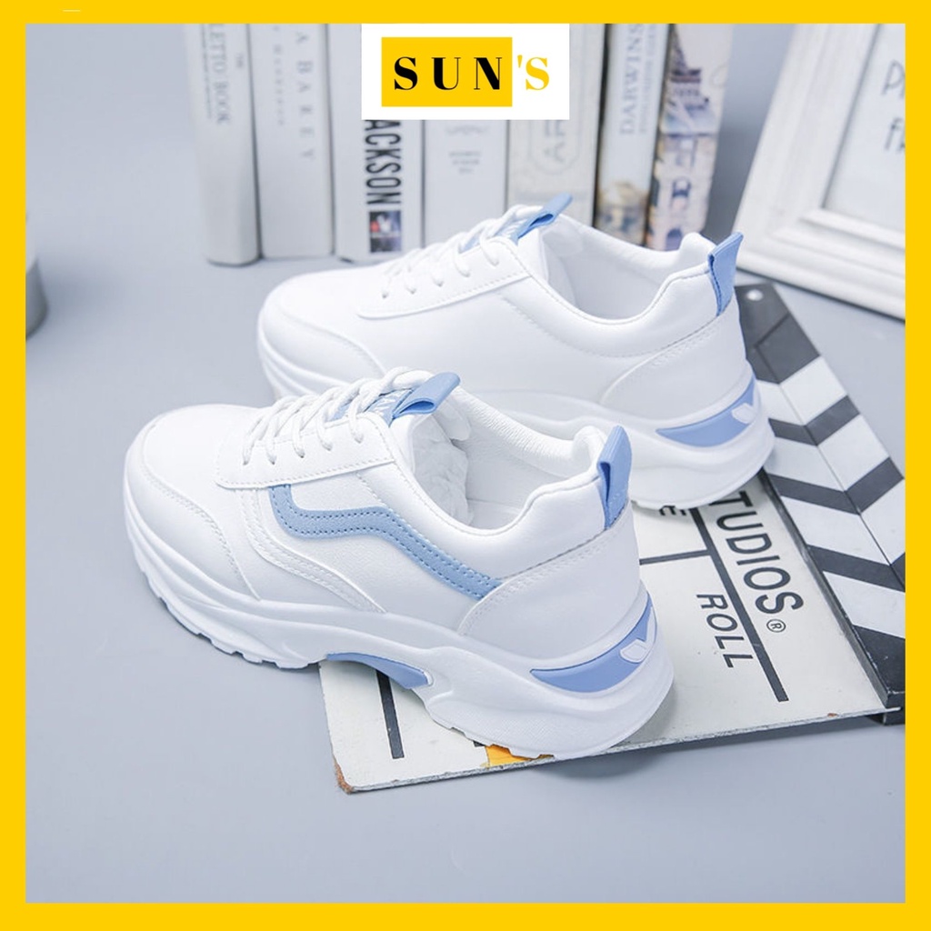 (SẴN) Giày thể thao nữ/giày sneaker nữ màu trắng đi học đi chơi sọc xanh, hồng đế 3-5cm GIAY171