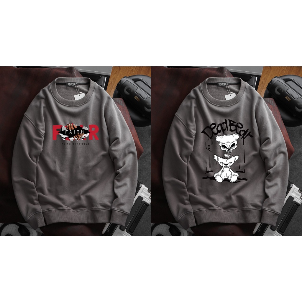 Áo sweater nam vải nỉ form bigsize 90kg - 120kg - xám in chữ Faith và hình gấu dây