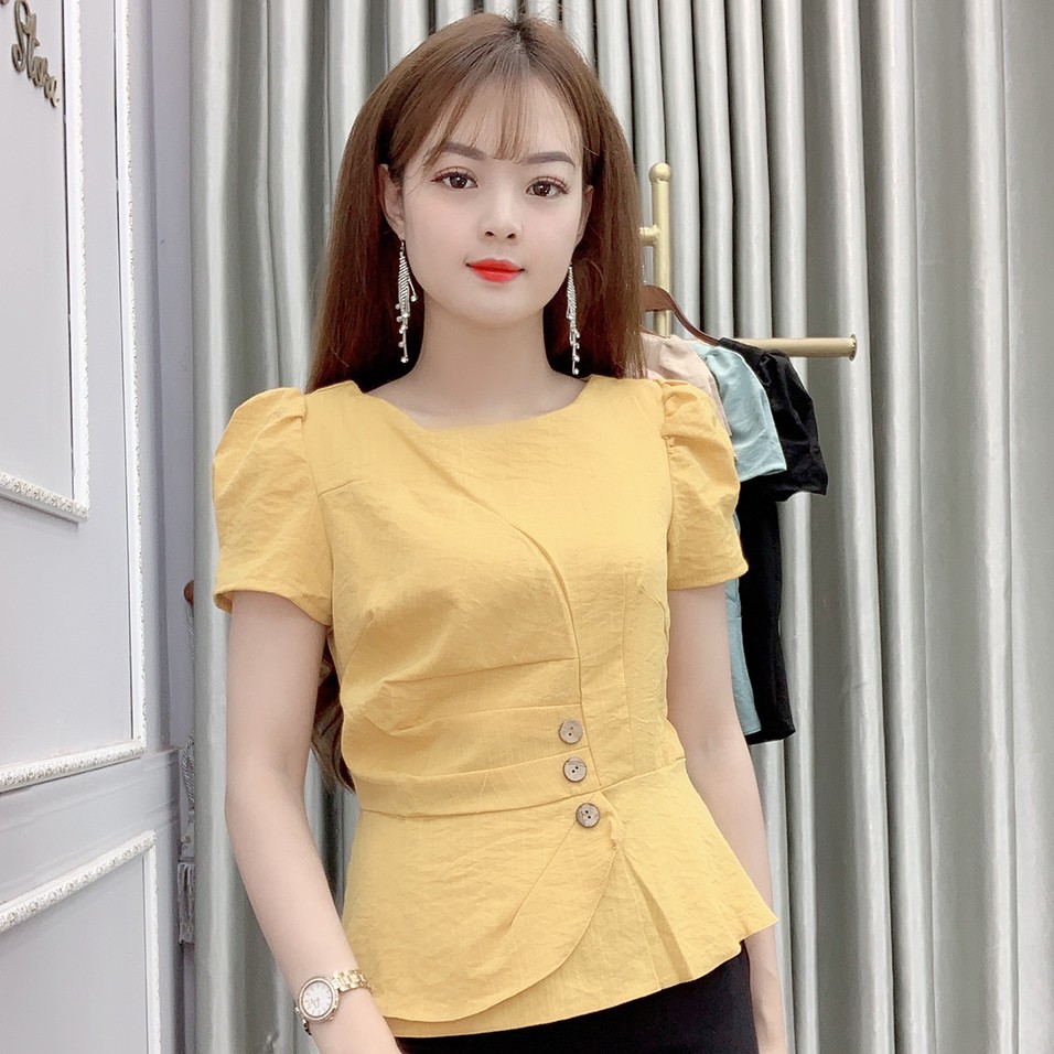 Áo Sơ Mi Nữ Kiểu Chất Đũi Công Sở Ngắn Tay Cổ Tròn - 6 Màu Trắng Vàng Đen Xanh Hồng Be - Hanlly Fashion Thời Trang - A13