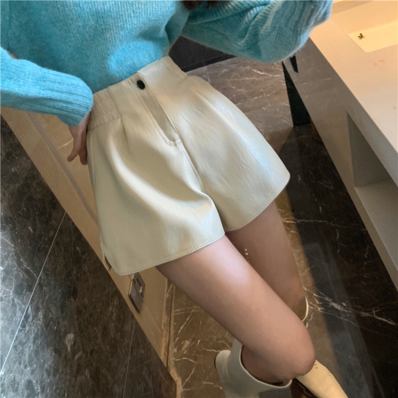 Quần đùi bằng da pu lưng cao ống rộng thời trang cho nữ