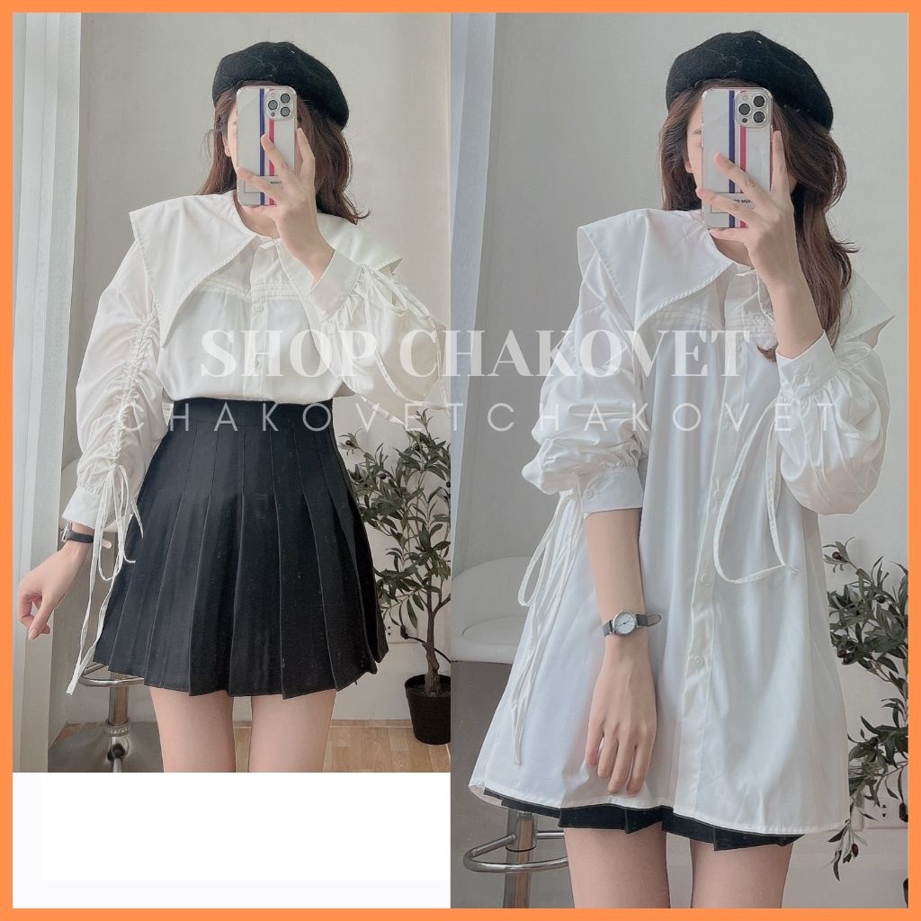 Áo sơ mi trắng nữ kiểu bánh bèo cổ nhọn tay phồng A8145 kiểu áo nữ rút tay buộc nơ cá tính tôn dáng đẹp da freesize&lt;65kg