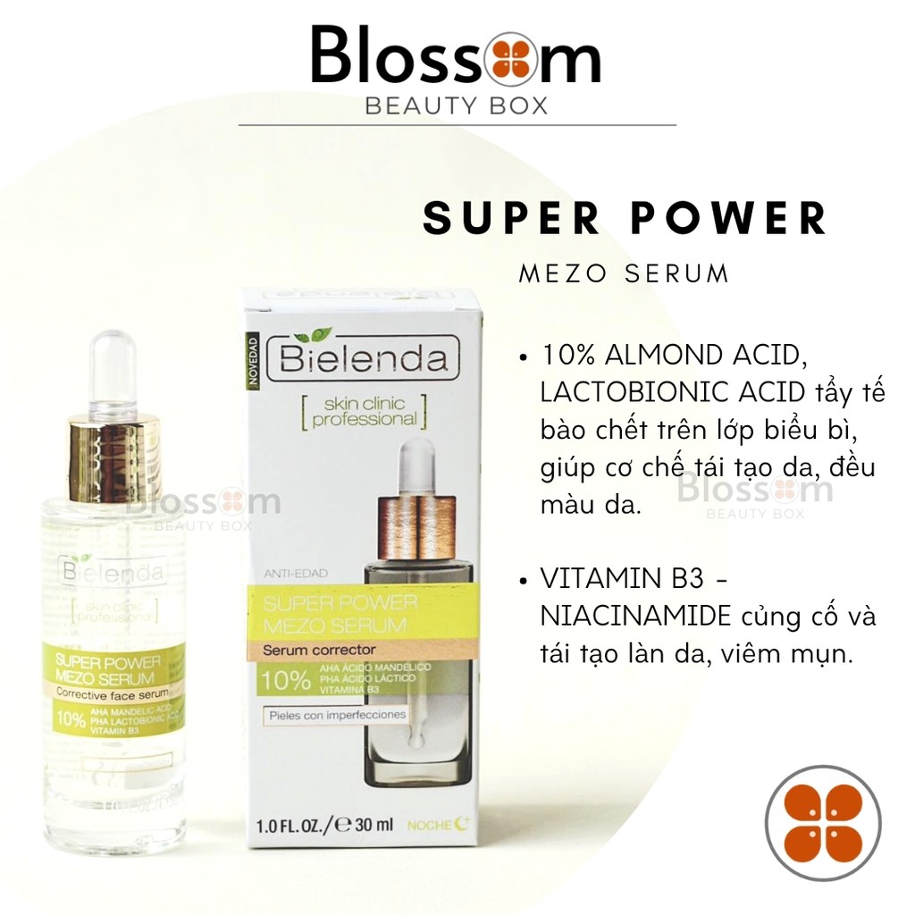 Serum da mụn, lão hoá Bielenda Super Power Mezo 10% ALMOND ACID (XANH LÁ)