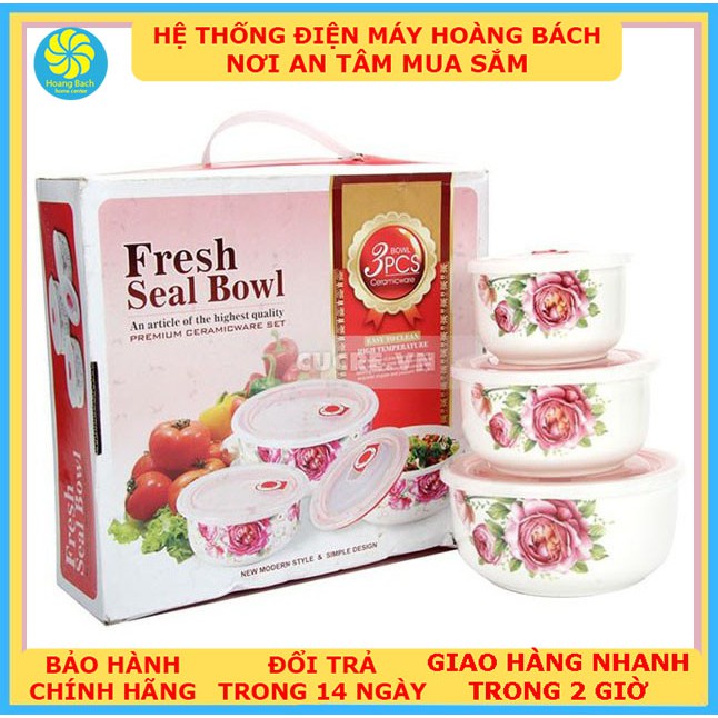 Bộ 3 bát sứ hút chân không nắp nhựa an toàn, sử dụng trong lò vi sóng, gốm sứ hoa văn đẹp.