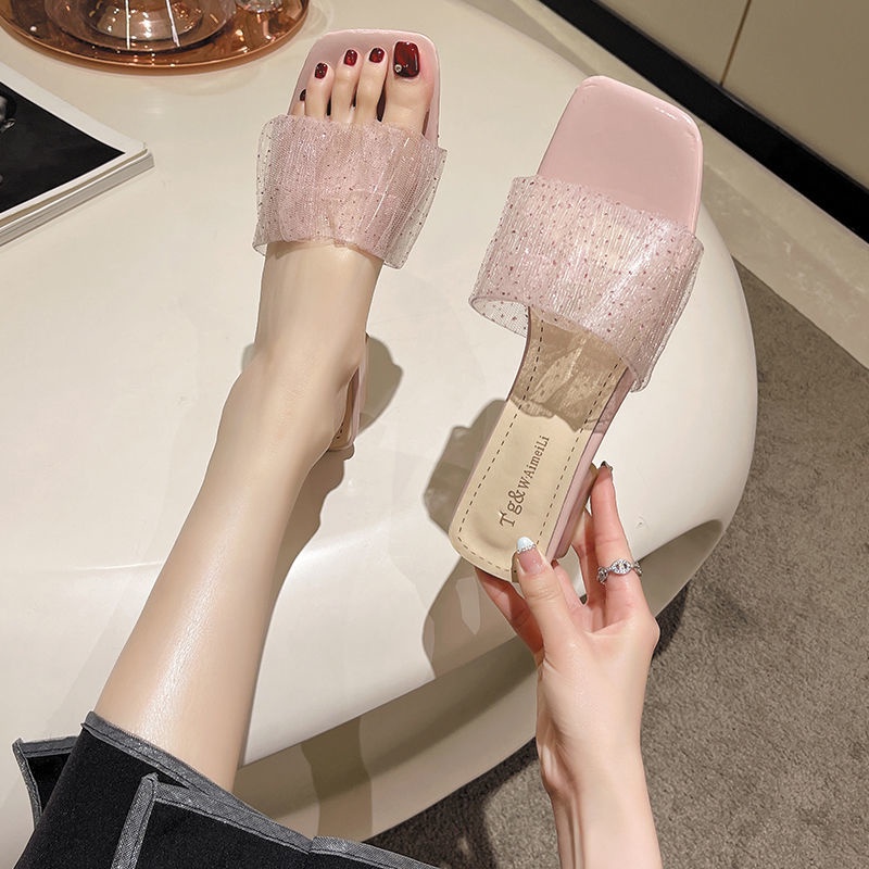 Dép Xỏ Ngón Đế Dày Mũi Vuông Đính Pha Lê Thời Trang Cho Nữ