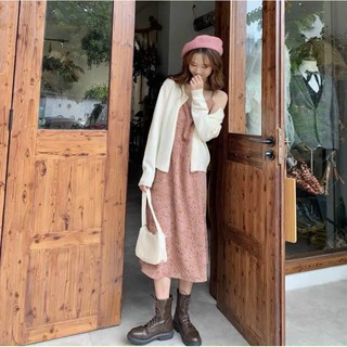 Set đầm 2 dây kèm áo khoác cardigan thun gân Quảng Châu cao cấp - kèm hình thật - lSsC
