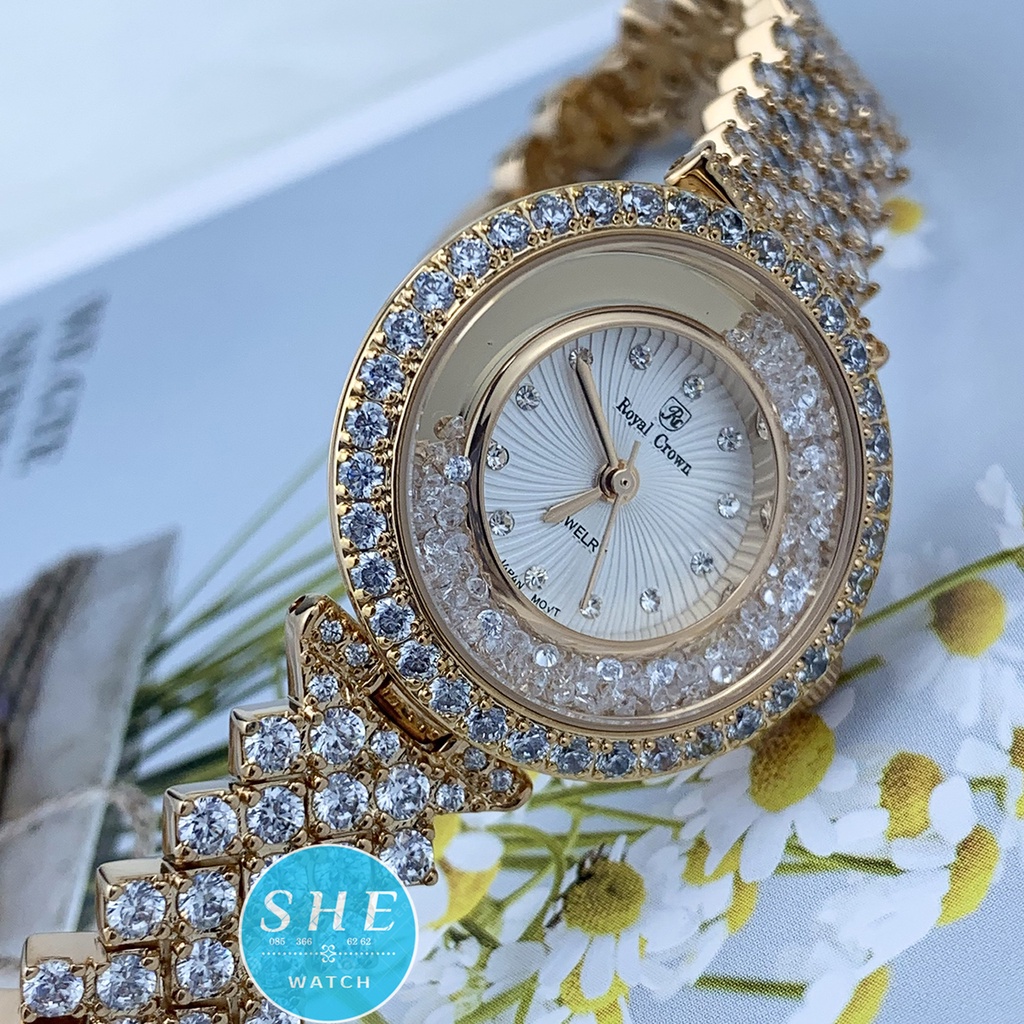Đồng hồ nữ ROYAL CROWN Đồng hồ pin viền vàng đính FULL đá size 32mm SANG TRỌNG QUÝ PHÁI