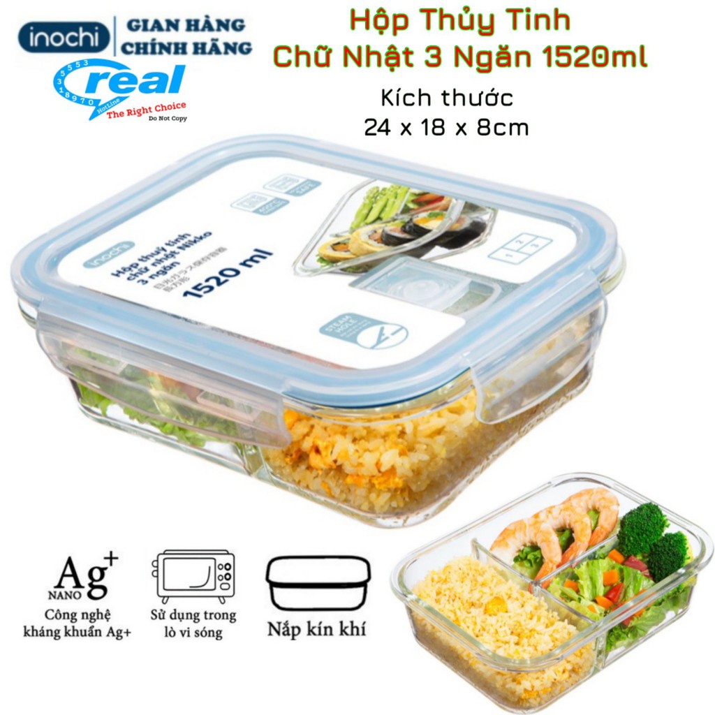 Hộp cơm thủy tinh đựng thức ăn văn phòng  2,3 ngăn NIKKO INOCHI chính hãng