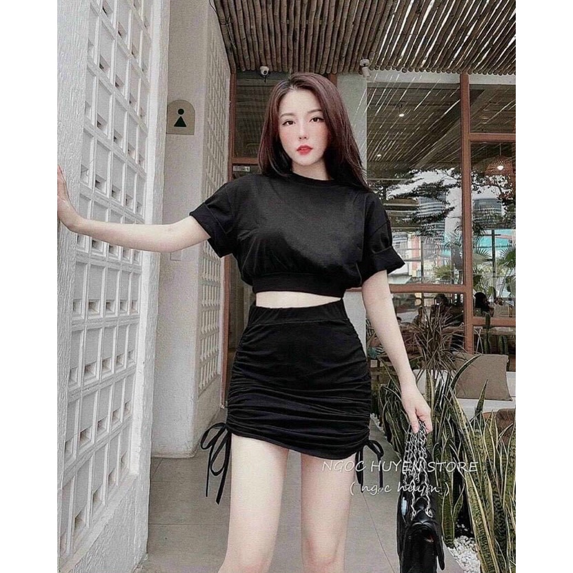 Set body áo cổ tròn mix chân váy rút dây cực sexy dành cho các nàng
