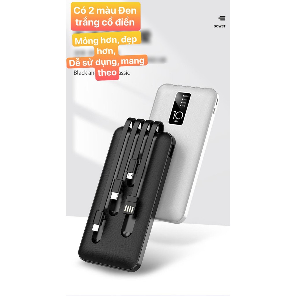 💥Pin Sạc Dự Phòng💥 chuẩn 10000 mAh tích hợp 4 Cổng loại cáp iphone,android, type c, không cần mang cáp, CHỐNG CHÁY NỔ