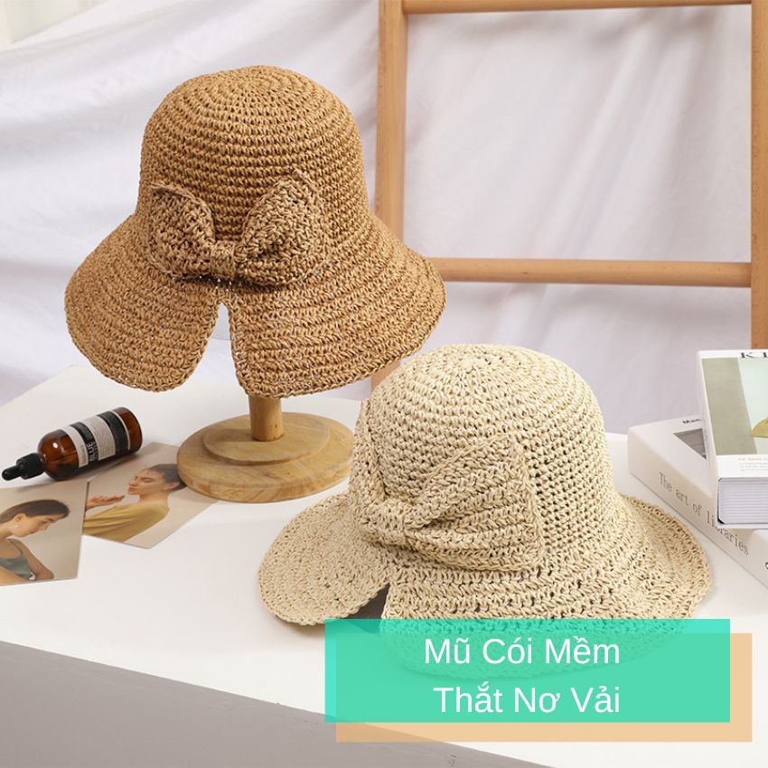 Mũ cói mềm kết nơ lớn phong cách Retro