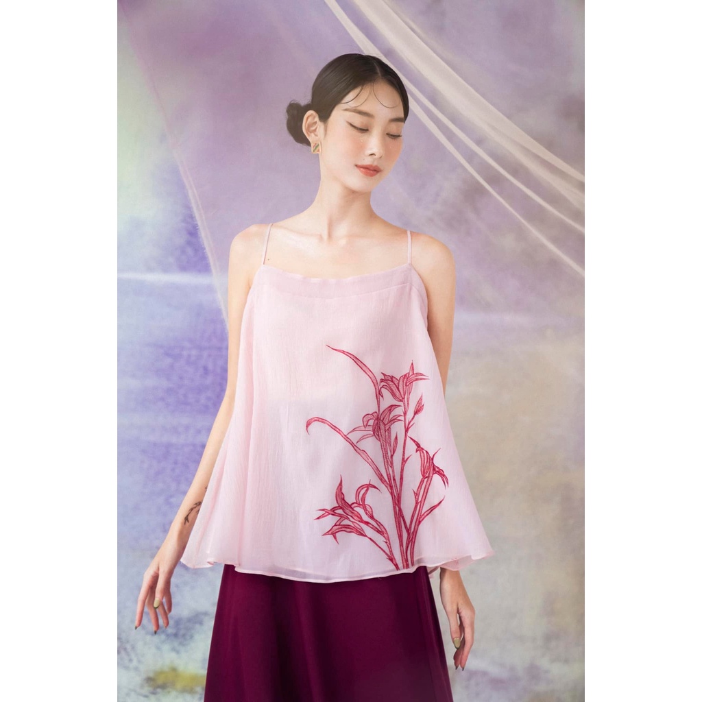 [XÉO XỌ] Áo hai dây Bách Hợp Organza hiệu ứng nhăn & lót chiffon hoạ tiết thêu