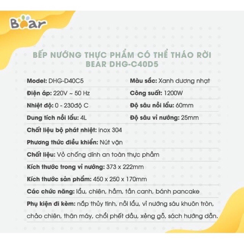 [Hàng Sẵn] Nồi Lẩu Nướng 3 Khay Đa Năng Có Thể Tháo Rời BEAR DHG -C40D5 - Bếp Nướng Điện 3 Trong 1 - BH 12 Tháng