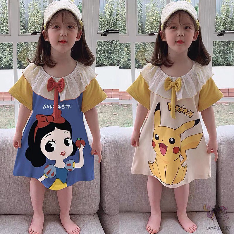 Đầm ngủ tay ngắn cổ bẻ in họa tiết hoạt hình đính nơ phối ren phong cách Hàn Quốc dễ thương cho bé gái