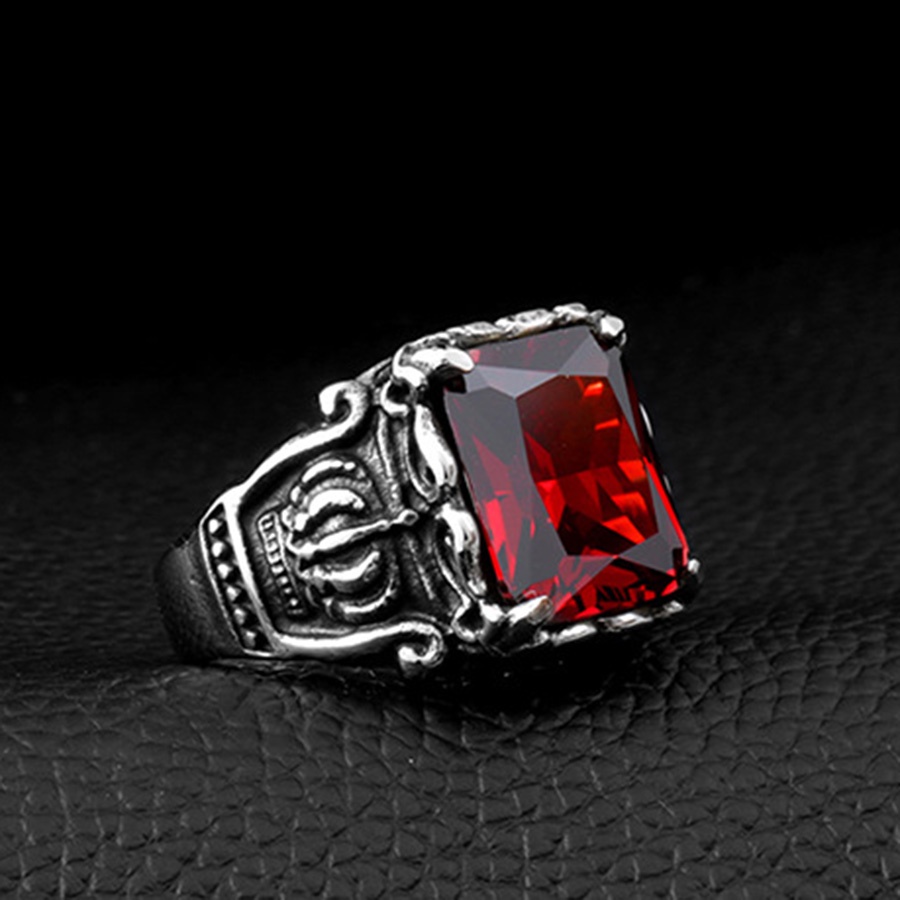 Nhẫn bằng thép titan đính đá ruby màu đỏ thời trang cá tính cho nam