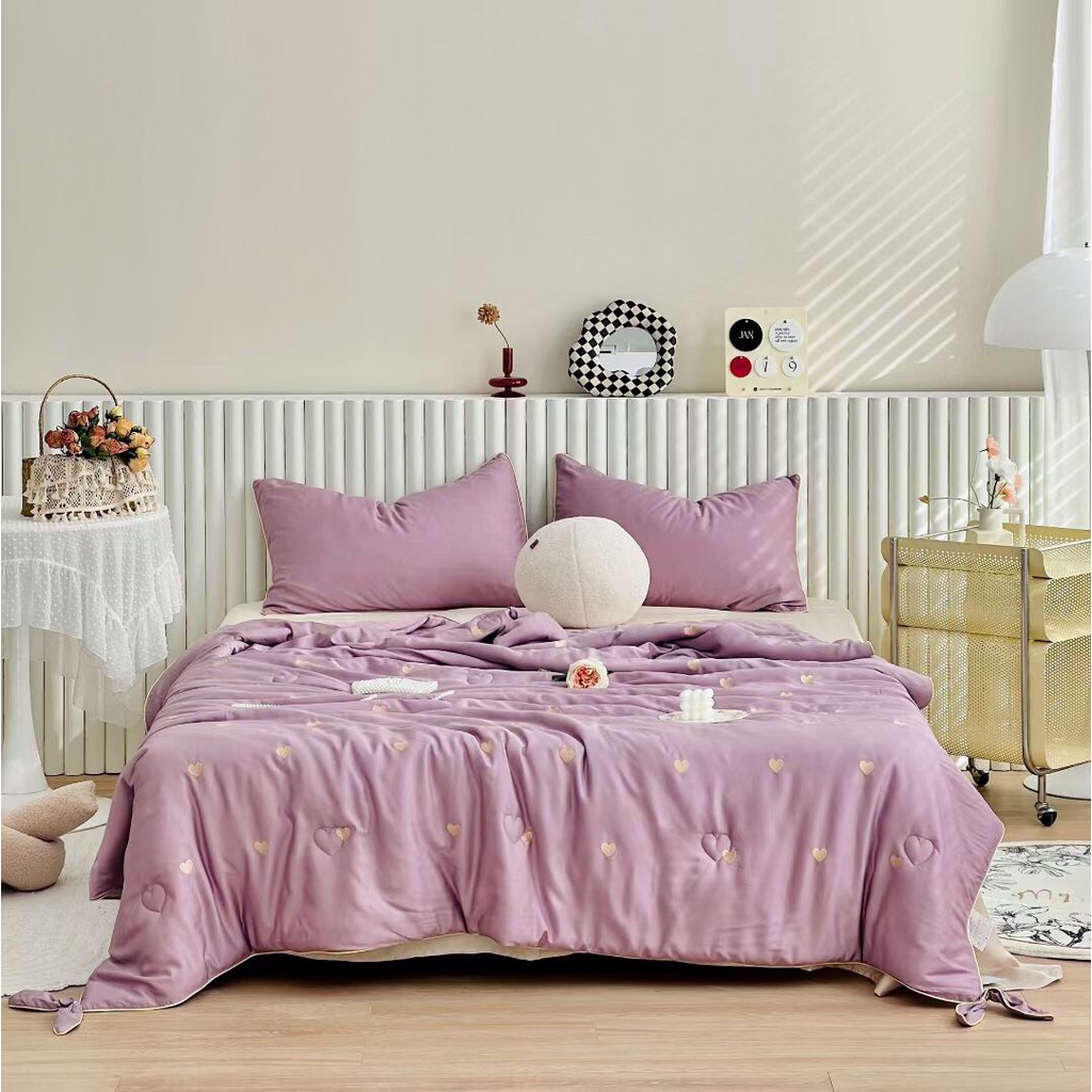 Chăn tencel thêu tim kèm nơ cao cấp, chăn đắp hè thêu tim tencel mềm mịn kích thước 2mx2m3