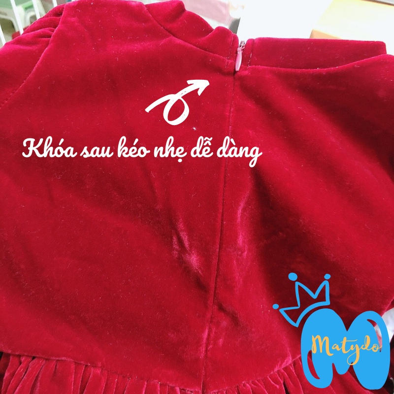 Váy đầm nhung đỏ xòe phối ren cho bé gái diện Noel và Tết váy tiểu thư cao cấp cho trẻ từ 10-18kg