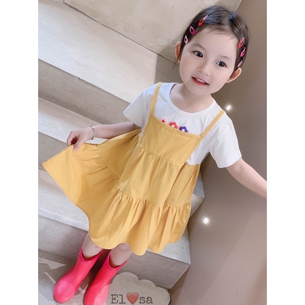 Váy bé gái - Váy giả yếm vải thô họa tiết 3 bông hoa siêu xinh cho bé 1-5 Tuổi