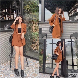 Set áo vest nâu dài tay + quần đùi giả váy