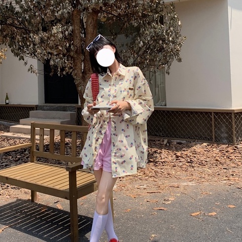 ZHELIHANGFEI Áo Sơ Mi Tay Dài Dáng Rộng In Hình Gấu Dễ Thương