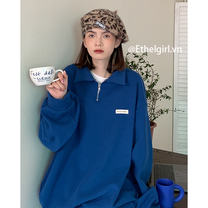 Áo sweatshirt rộng rãi dây kéo nửa lót nhung dày dặn tay dài retro kiểu Mỹ