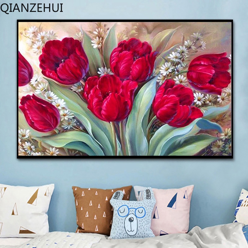 Bộ Tranh Đính Đá 5D Hạt Tròn Tự Làm Hình Hoa Tulip Trang Trí Nhà Cửa