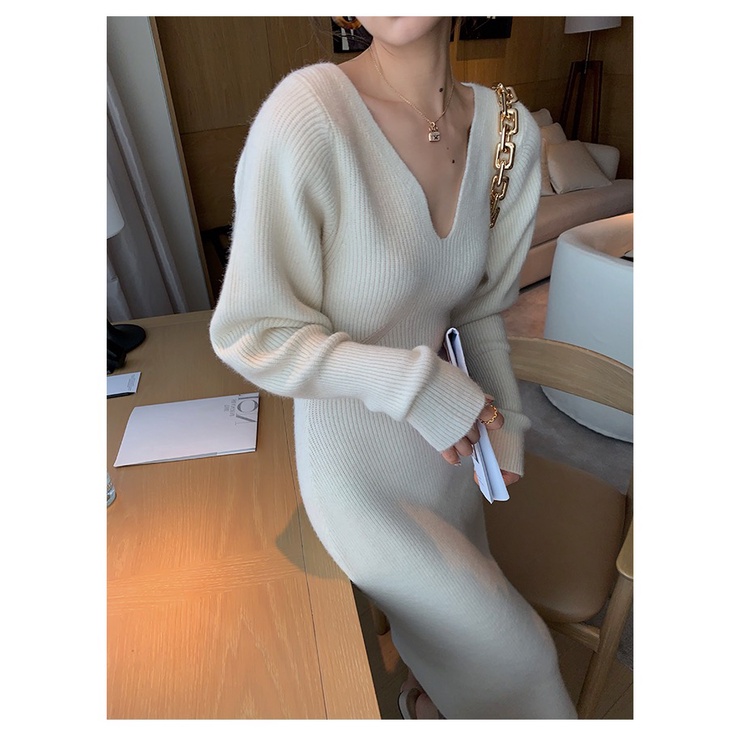 DUNEA Đầm đỏ tay dài cổ chữ v phong cách retro cho nữ