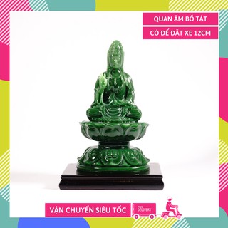 Tượng Quan Âm Bồ Tát ngồi tòa sen có đế ngọc xanh - Cao 12cm