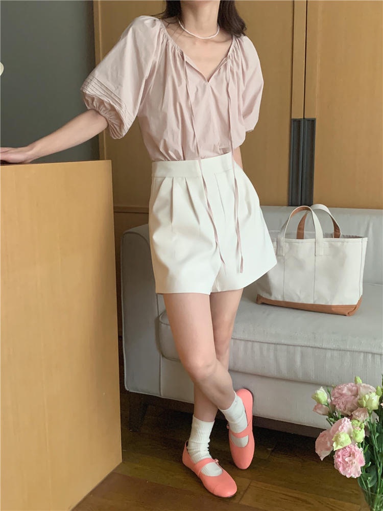 Áo Sơ Mi Tay Ngắn Cột Dây Màu Trắng Trơn Thoải Mái Thời Trang Mùa Hè 50916