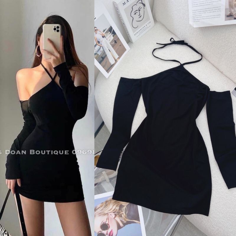 Đầm body trễ vai tay dài phối cổ yếm siêu tôn dáng