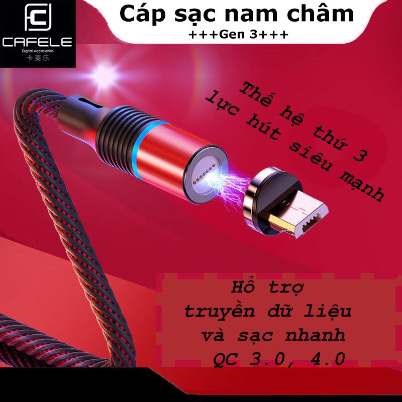 Cáp sạc nam châm CAFELE thế hệ mới 2019,lực hút siêu mạnh, sạc nhanh QC 3.0 micro USB, Iphone, USB Type C