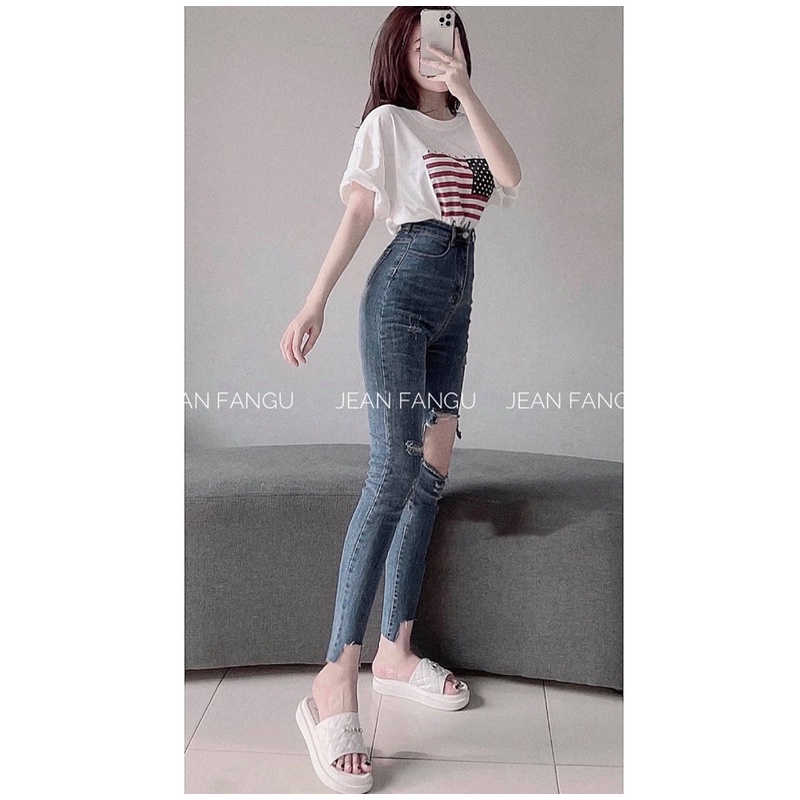Quần jean bó skinny rách nhiều chất co giãn cạp cao hách dáng by Jean Fangu Cao cấp