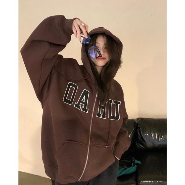 Áo khoác nỉ có mũ 2 lớp DAHU khoá zip FREESHIP Áo hoodie form rộng nỉ ngoại 2 màu thêu chữ bo tay cực xinh