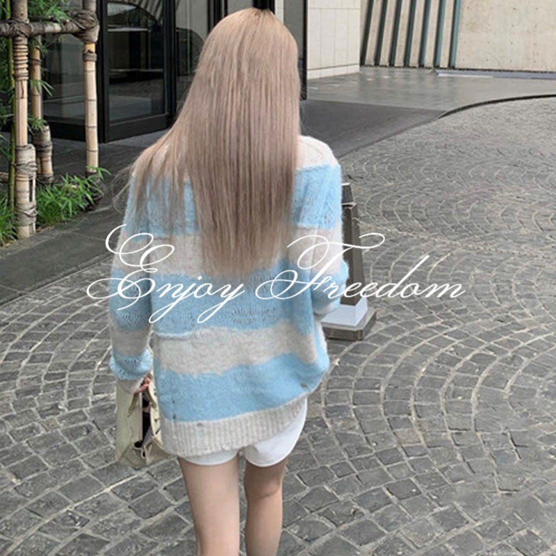 Enjoy Freedom Áo sweater Dệt Kim Dáng Rộng Dài Vừa Phải Kẻ Sọc Rỗng Thời Trang Mùa Thu Cho Nữ